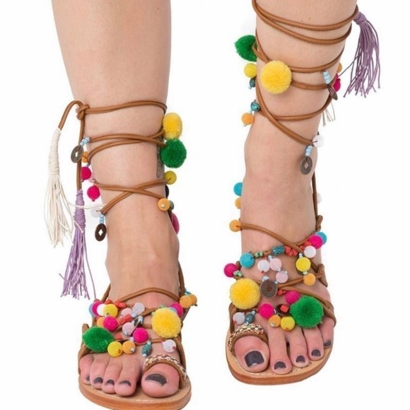 Mystique Tokyo Gladiator Pom Pom Wrap Sandals - Picture 2 of 7